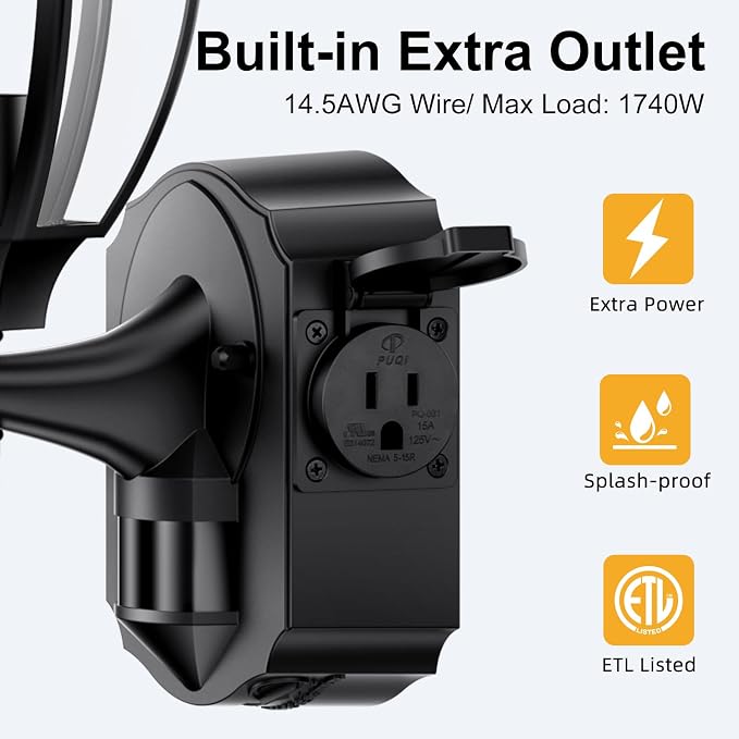 2 Pack Porch Lights Outdoor with Outlet, Motion Sensor outdoor wall lights, Updated Dusk to Dawn Exterior Lighting Fixtures Waterproof Anti-Rust Aluminum Outside for House Entryway Garage, Black