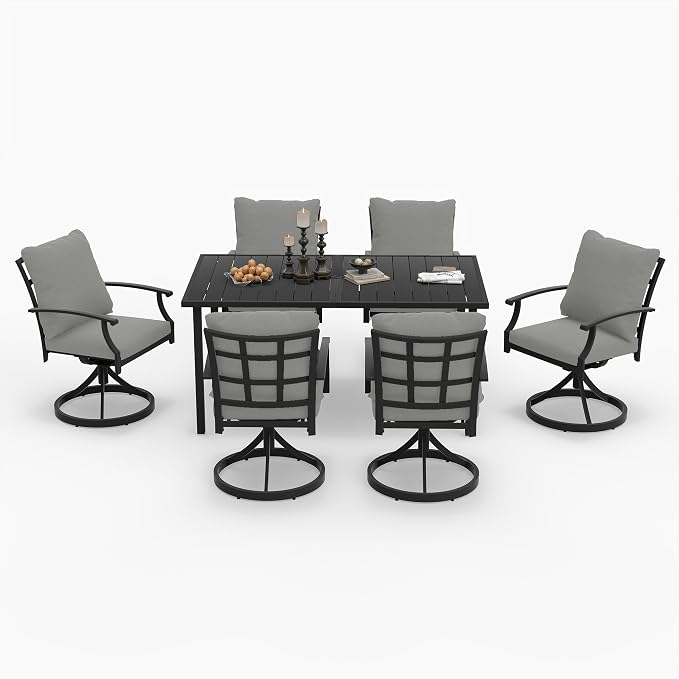 HAPPATIO 7-Piece Patio Dining Set, Outdoor Dining Set with Powder-Coated Metal,Dining Table with Umbrella Hole, 6 Swivel Chairs with Removable Cushions for Porch Poolside Garden,Grey