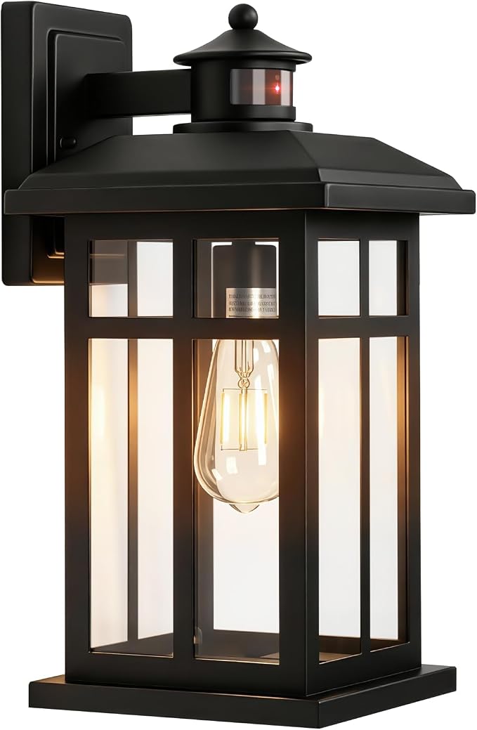 Brilvibera 16" Black Motion Sensor Wall Sconce Light for House | Black Outdoor Sconce for Front Door Waterproof Modern Coach Light for Garage & Porch Security