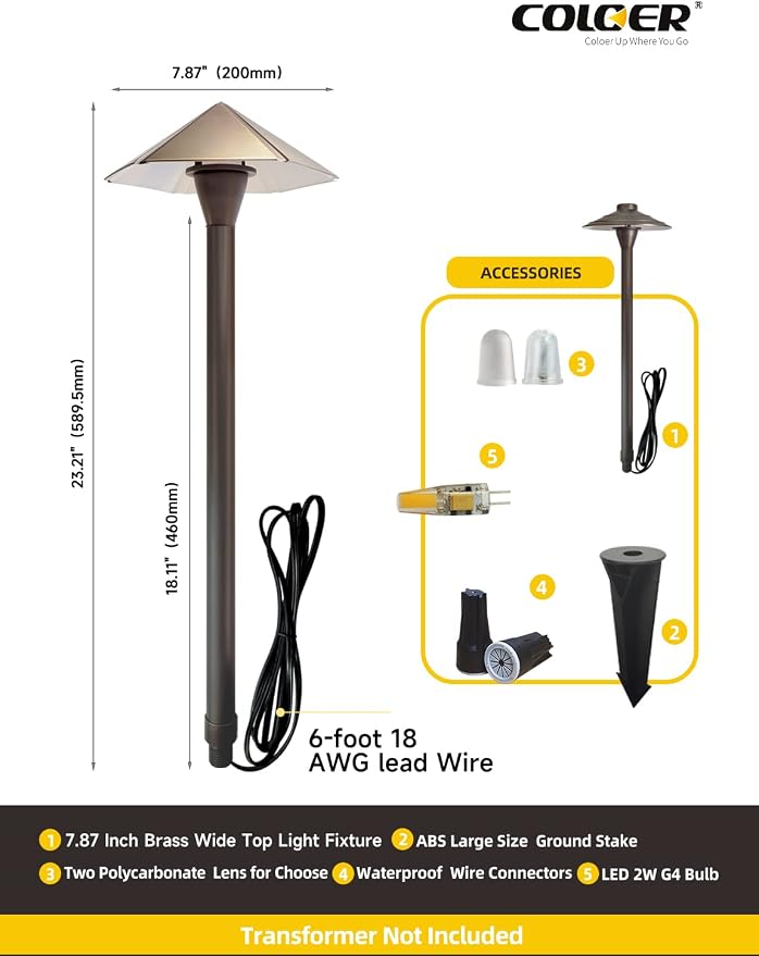 COLOER 12V Brass Outdoor Low Voltage Garden Path Lights for Outside(Bronze,23.2" Tall, 7.9" Shade) with 2W 2700K G4 LED Bulb(605B)