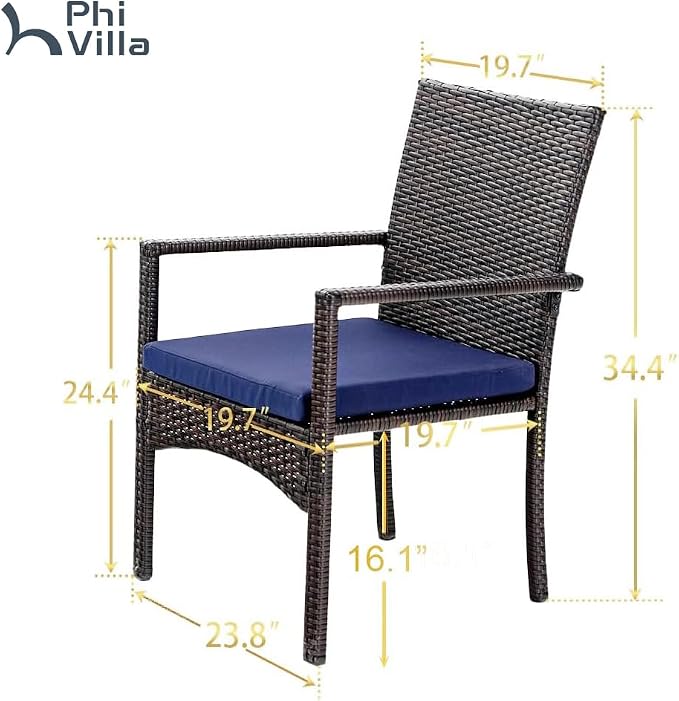 PHI VILLA Wicker Patio Dining Chairs Set of 2 with Removable Cushions | 2 Rattan dining chairs with thick removable seat cushions. Sturdy steel frame, easy assembly.