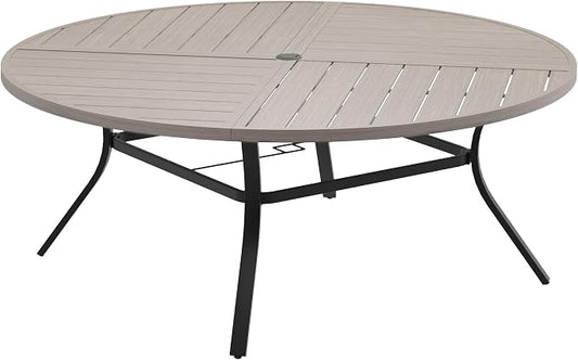 DIFY 63" Round Outdoor Patio Dining Table for 8-10, All-Weather Metal Steel Slatted Patio Table with 1.57" Adjustable Umbrella Hole for Garden, Backyard, Deck, Grey Wood-Like