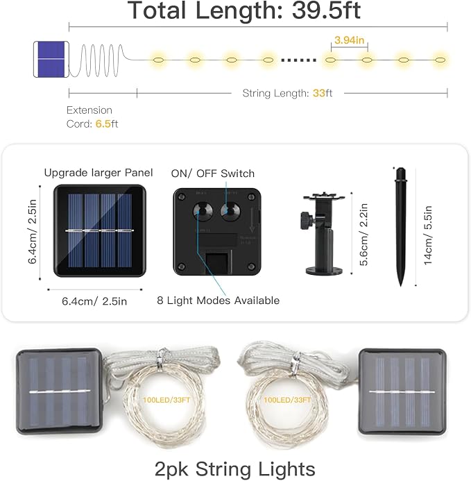 Solar Fairy Lights Outdoor, 2 Pack Twinkle Lights Warm White | Total 66ft 200led solar lights with 8 Lighting Modes. Copper Wire string Lights for garden, yard, patio, fence outdoor decor
