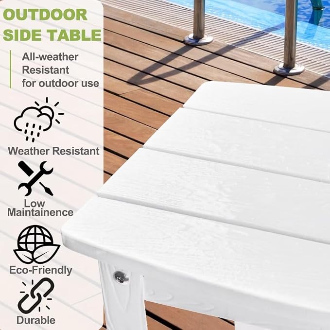 Y&M Outdoor Side Table, HIPS Adirondack Small Double Layer Table, Waterproof Square Outside Table, Balcony Modern End Tables for Patio, Pool, Beach, Porch, Deck, Indoor or Outdoor Use, White