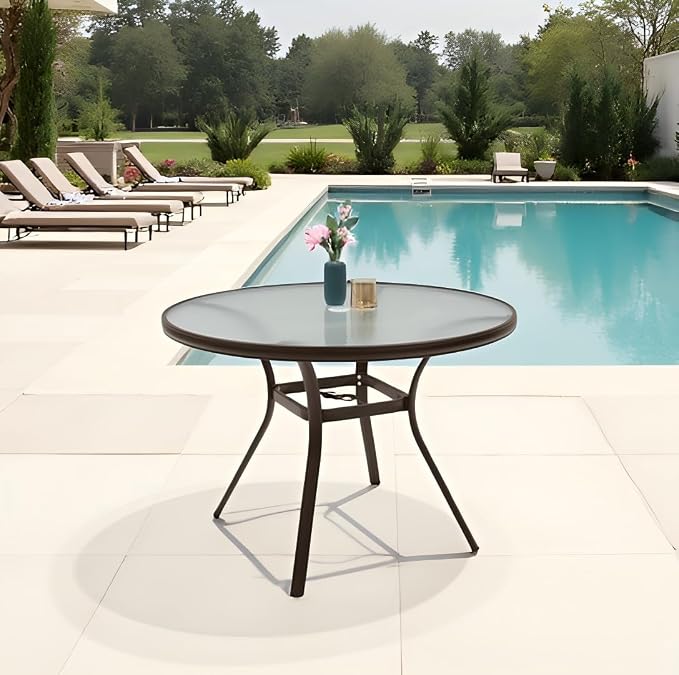 Anmutig Round Outdoor Dining Table for 4 Person, 40 inch Glass Top, Brown Powder-Coated Frame with Umbrella Hole Outdoor Furniture