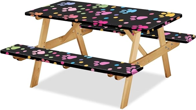 Dog Paw Picnic Table Cover with Bench Covers Waterproof and Breathable Table Covers for 8 Foot Tables 3 Pcs Picnic Table Bench Covers Camping Essentials for Camper, 94x30 Inches
