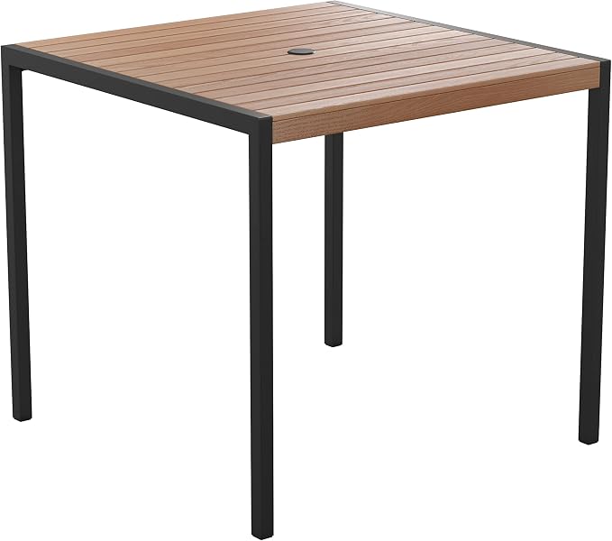 Flash Furniture Lark Outdoor Steel Dining Table - Faux Teak Poly Slatted Top - Commercial Grade Dining Table with Black Frame - 35" Square - Umbrella Holder Hole