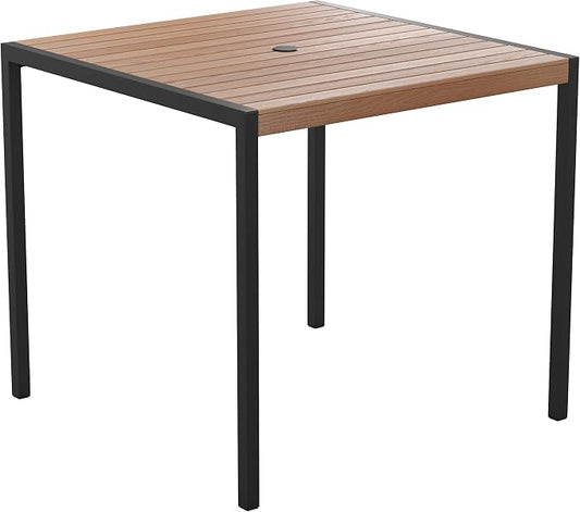 Flash Furniture Lark Outdoor Steel Dining Table - Faux Teak Poly Slatted Top - Commercial Grade Dining Table with Black Frame - 35" Square - Umbrella Holder Hole