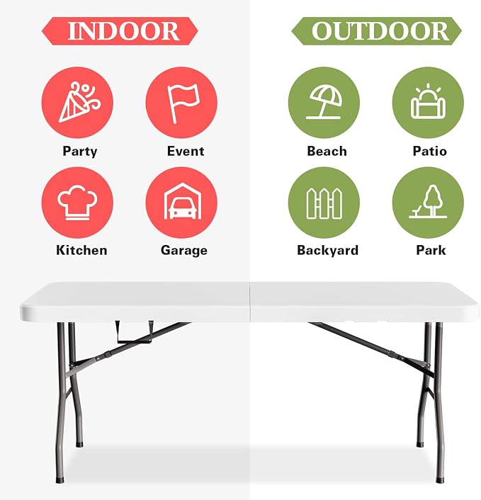 MEI&CO 6ft Heavy-Duty Outdoor Folding Table for 6 - Sturdy HDPE Top, 350lbs Capacity, Foldable Lockable Design, No Assembly - Camping Parties Picnics (White)