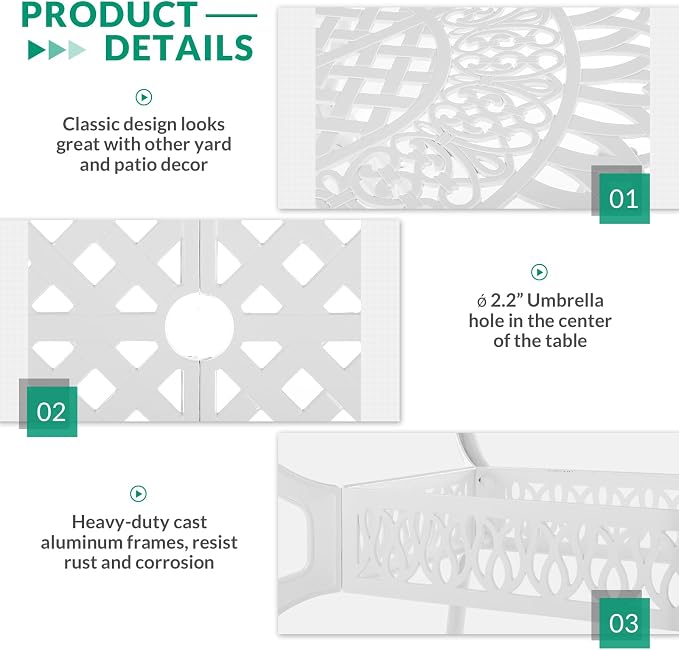 VIVIJASON 9-Piece Patio Furniture Dining Set, Rust-Free Cast Aluminum Outdoor Conversation Set, Include 8 Chairs and an Oval Table with Umbrella Hole for Balcony Lawn Garden Backyard, White