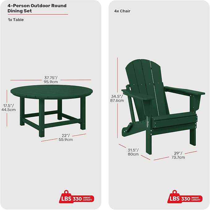 Costaelm Patio Conversation Set, 5 piece Balcony Furniture, Small Patio Firepit Furniture Outdoor Adirondack Round Coffee Table and Chair for Backyard Lawn Porch Pool Garden, Dark Green