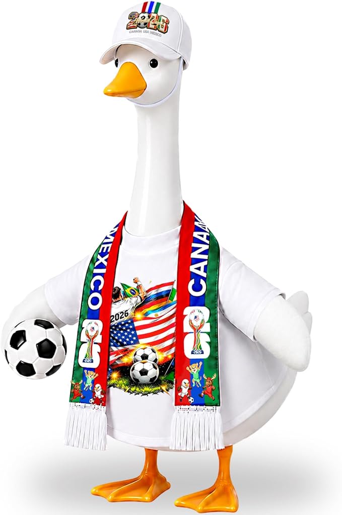 2026 World Soccer Goose Outfit for 23 Inch Porch Statue – Triple Nation Flag Design with Soccer Ball for American Fans, Soccer Party, Sport Season Decor – Outdoor Patio Yard Lawn Art