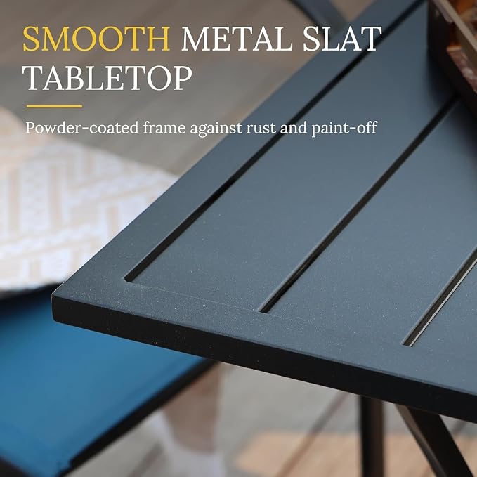 VICLLAX 3 Pieces Patio Dining Set for 2-28" Square Small Outdoor Table and 2 Patio Swivel Chairs for Lawn Garden, Black Tabletop and Blue Fabric
