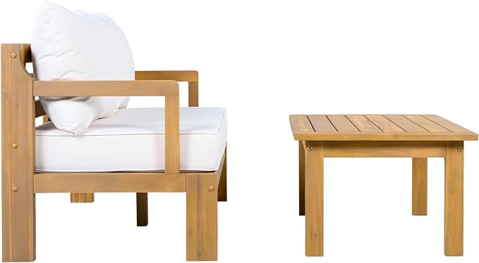 Christopher Knight Home Bayah Acacia Wood Outdoor Loveseat and Coffee Table Set, 2 Piece Patio Furniture Set with Water-Repellent Cushion, Solid Wood Outdoor Conversation Set, Beige+Natural