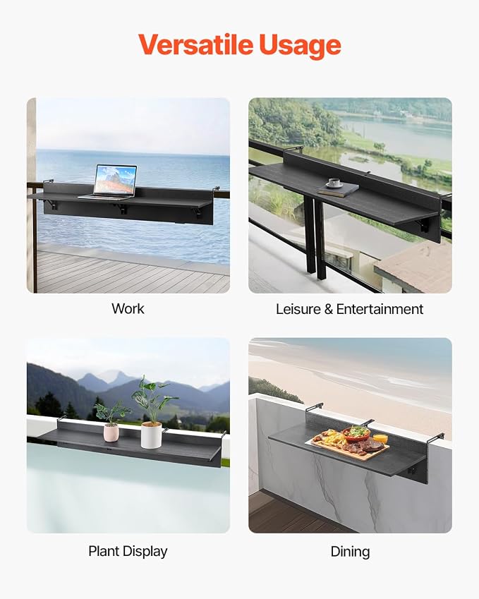 VEVOR Balcony Hanging Table, 48 x 12 inch Folding Balcony Railing Table, Outdoor Balcony Bar for Railings, 50 lbs Loading, Fit from 1" to 4.3", Serving for Patio & Deck