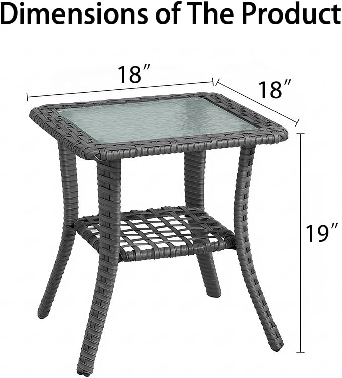 Patio Tables Wicker Side Table, Rattan End Table with Glass Top for Outdoor Outside Patio Porch Deck Square Brown