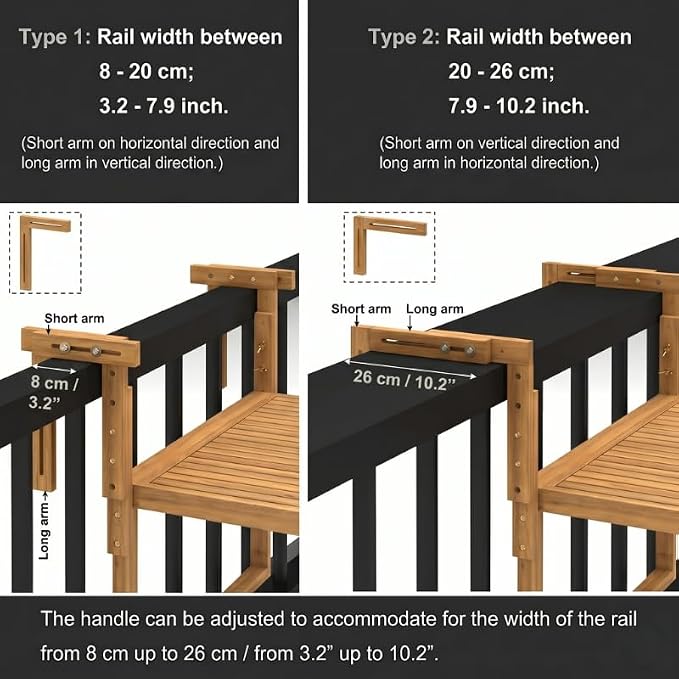 Acacia Wood Balcony Hanging Table – Stable Fixed Outdoor Railing Table – Weather-Resistant White Finish – Adjustable Mounting for Small Balcony, Patio, and Porch (Natural Wood - 2pcs)