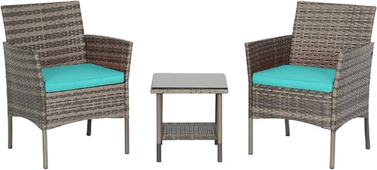 3 Pieces Patio Furniture Outdoor Bistro Set Outdoor&Indoor Conversation Set Coffee Table Chairs Set for 2 with Water-Resistant Cushions for Lawn Yard Garden Porch Balcony and Pool,Grey and Blue