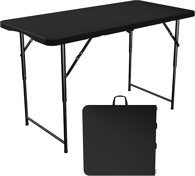 Garvee 4ft Folding Table HDPE Foldable Table with Carrying Handle 3 Adjustable Height Settings Metal Frame Support Up to 400LB Portable for Picnic Camping Party Indoor & Outdoor Use, 1 Pack Black