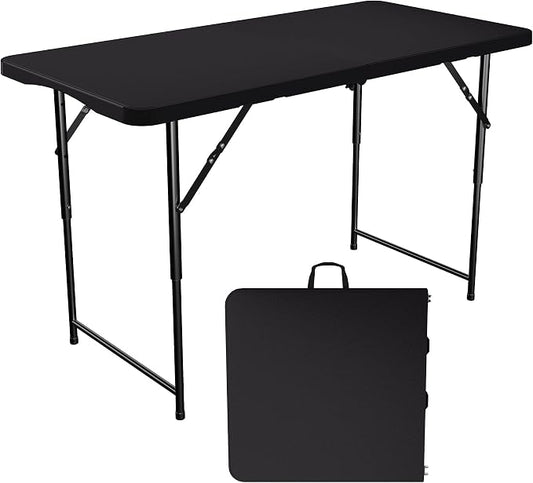 Garvee 4ft Folding Table HDPE Foldable Table with Carrying Handle 3 Adjustable Height Settings Metal Frame Support Up to 400LB Portable for Picnic Camping Party Indoor & Outdoor Use, 1 Pack Black