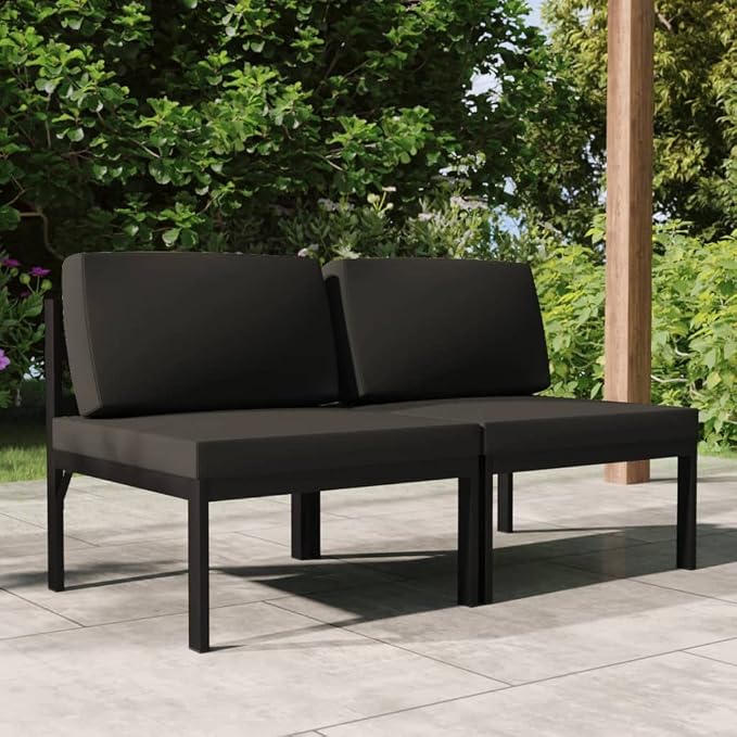 2-Seater Outdoor Sofa, Modern Matte Anthracite Aluminum Patio Couch, Modular Garden Middle Sofa Set with Cushions for Terrace, Balcony and Backyard, 2-Piece