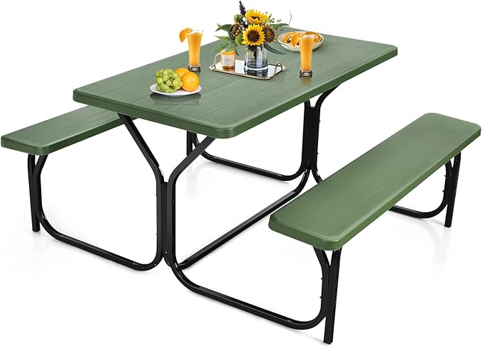 S AFSTAR Picnic Table Bench Set, 59” Expanded Rectangular Picnic Table, Outdoor Table and Bench W/Steel Frame & Wood-Like Texture Tabletop, Camping Table Chair Set for Garden Patio Lawn Deck (Green)