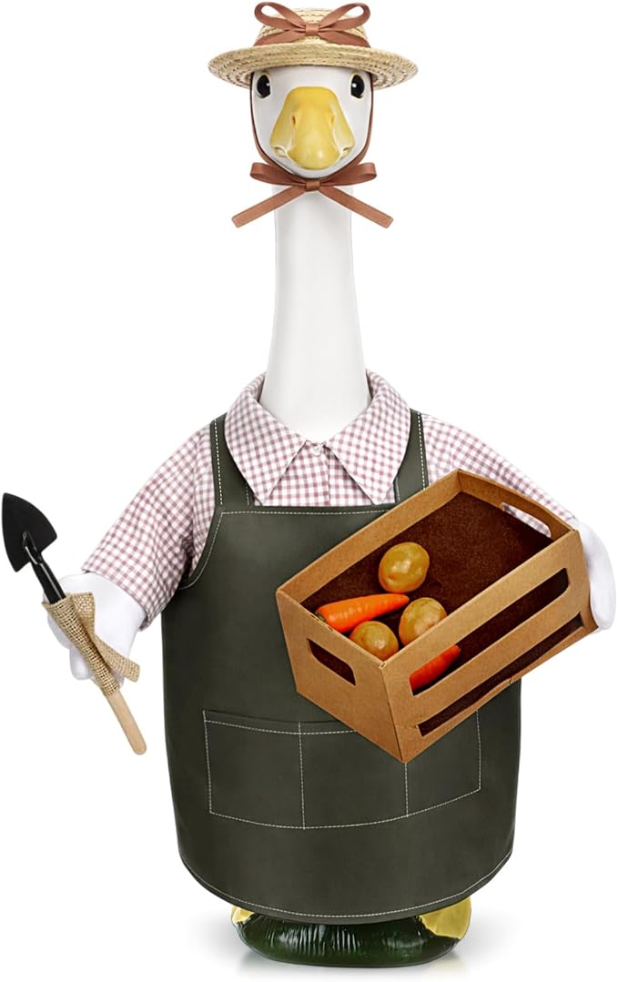 Sower Farmhouse Porch Goose Outfits Gardener 23 Inch Goose Clothes with Hat Basket Shovel Cute Geese Statue Costume for Spring Holiday Outdoor Garden Lawn Yard Patio Decor