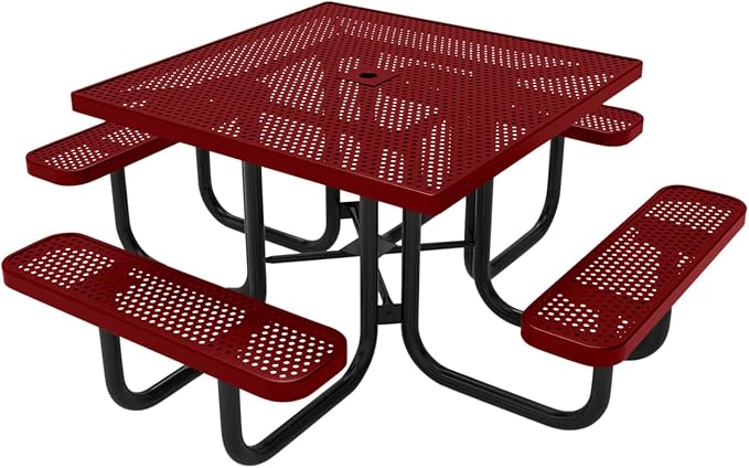 COATEDOUTDOORFURNITURE Heavy-Duty Portable Outdoor Picnic Table with Umbrella Hole, Punched Steel Commercial-Grade Patio Dining Furniture Made in America (46" Square Top, Textured Burgundy)
