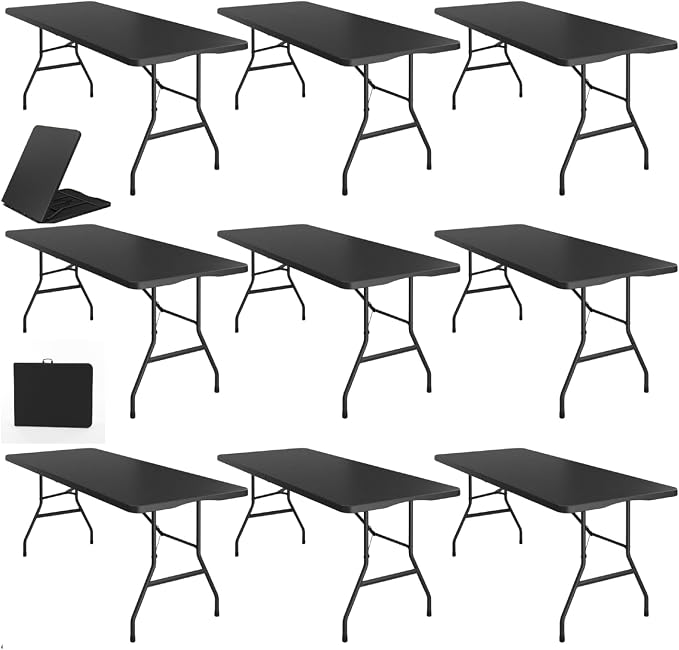 BTEXPERT Set of 10, Fold-in-Half Folding Utility Table 6 Feet 72" x 29.5" Lightweight Portable Carrying Handle Indoor Outdoor Picnic Camping Office Home Party Wedding Event Black