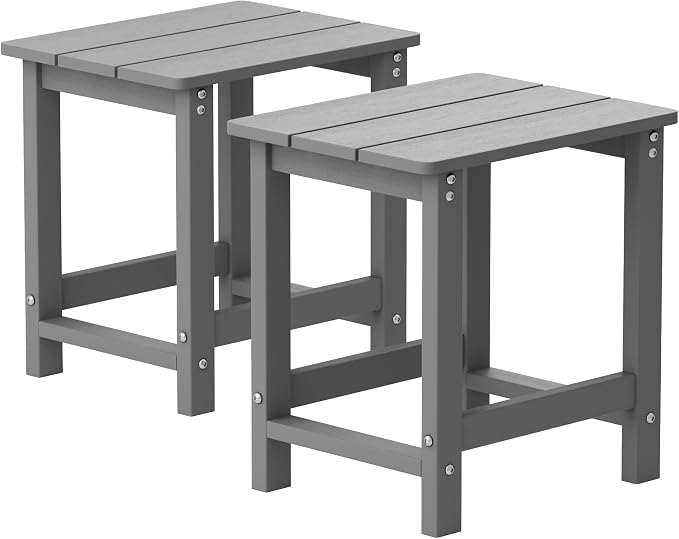 MXIMU Outdoor Side Table Set of 2: Heavy-Duty Sturdy Warp Resistant Adirondack Table - Wood Grain Finish Outdoor End Tables - Easy Assembly & Low Maintenance Patio Side Table Grey