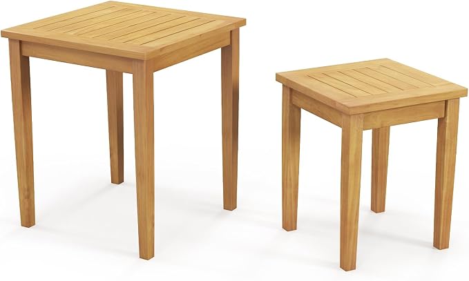 Tangkula 2 Pieces Patio Nesting Table, Teak Wood Outdoor Space Saving Design Square End Table for Poolside, Lawn, Garden, Balcony (Natural)