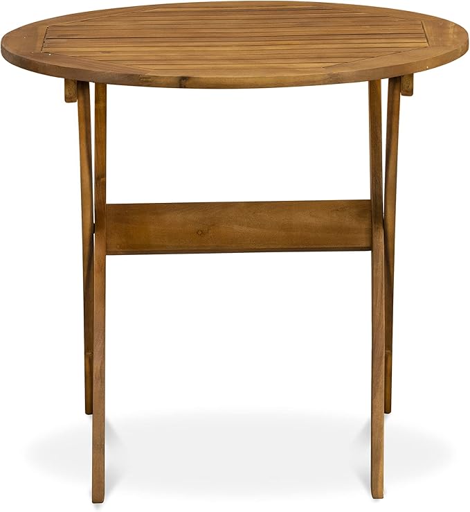 East West Furniture MNBS3CANA 3 Piece Outdoor Conversation Bistro Set Contains a Round Acacia Wood Coffee Table and 2 Folding Arm Chairs, 30x30 Inch, Natural Oil