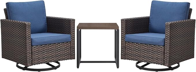 Luxury Outdoor Patio Swivel Rocker Chairs - 3 Piece Wicker Patio Furniture Bistro Swivel Rocking Chairs Set with Comfortable Cushions,Sturdy Metal Frame and Side Table for Porch Deck(Brown/Blue)