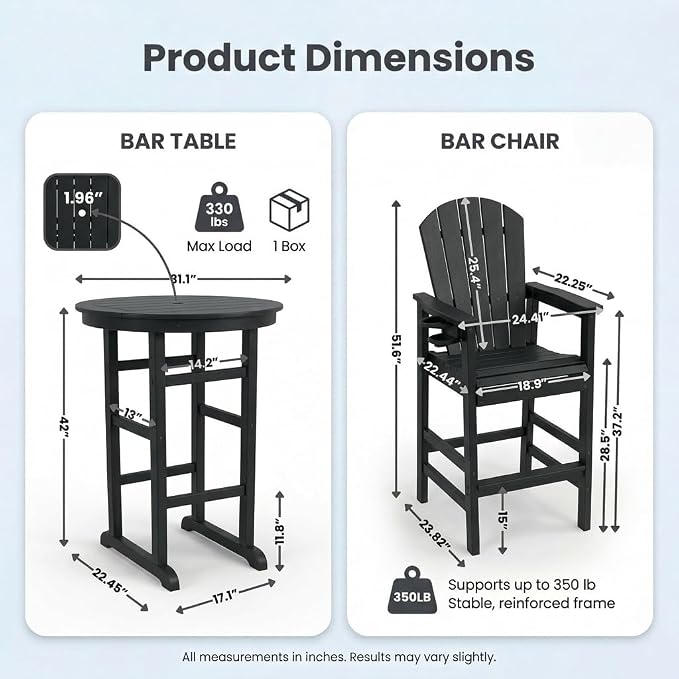 3-Piece HDPE Bar Height Table and Chairs Set, 31.1" Square High Top Pub Table with Umbrella Hole, 2 Adirondack Charis with Cup Holders, Outdoor Patio Dining Set for Bistro Backyard Deck Black