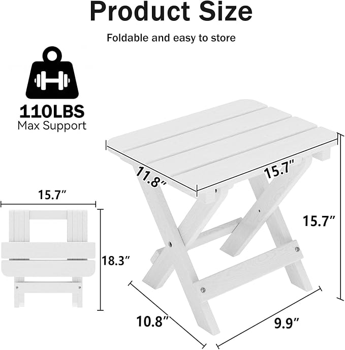 Folding Outdoor Side Table,Small HDPE Patio Table,All-Weather Compact Portable End Table for Patio,Porch,Pool,White,11.8" D x 15.7" W x 15.7" H