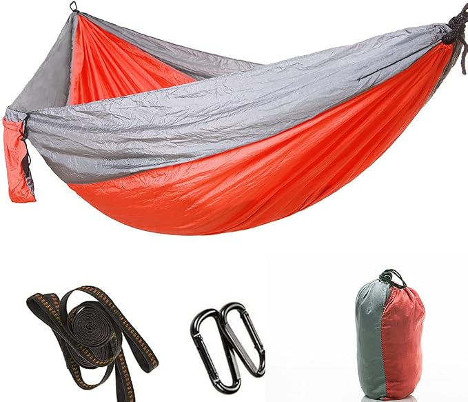 Portable Camping Travel Single Hammock, Lightweight Hanging Bed with Tree Straps and Metal Buckles, 300kg Capacity Nylon Hammock for Outdoor Hiking Backpacking (with Tree Gray and Orange)