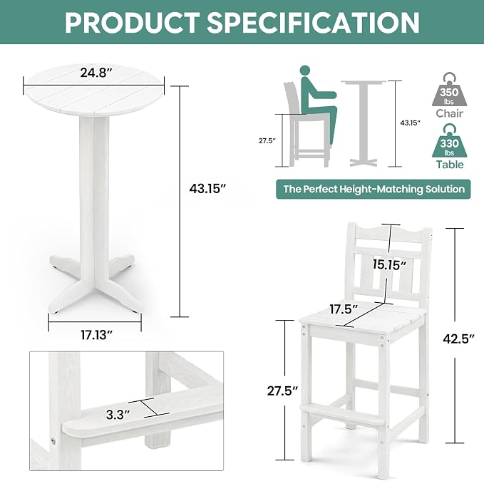 Outdoor Bar Stools Set of 4, HDPE Adirondack Bar Chairs with Backs, All-Weather High Top Patio Chairs, Heavy Duty Armless Bar Height Chair for Balcony, Garden, Deck (White, 4pcs Set)