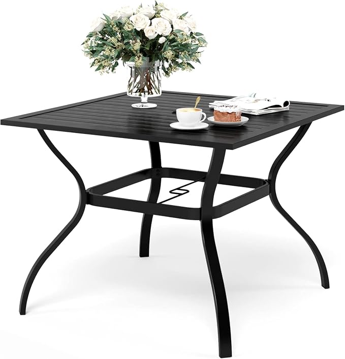 SUNSHINE VALLEY 37" Patio Dining Table for 4, Square Patio Table with Umbrella Hole,E-Coating and Powder Coating Steel Frame Metal Outdoor Patio Table for Garden Backyard Lawn Yard