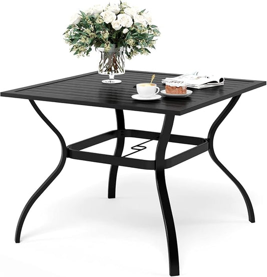 SUNSHINE VALLEY 37" Patio Dining Table for 4, Square Patio Table with Umbrella Hole,E-Coating and Powder Coating Steel Frame Metal Outdoor Patio Table for Garden Backyard Lawn Yard