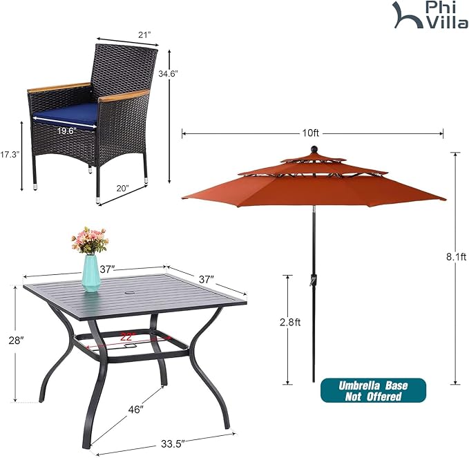 PHI VILLA 5pc Patio Dining Set with Umbrella, Square Table, Rattan Chairs | 37" Metal Table, Cushioned PE Rattan chairs, 10ft Red 3 Tier Auto-tilt Umbrella (Base Not Included)
