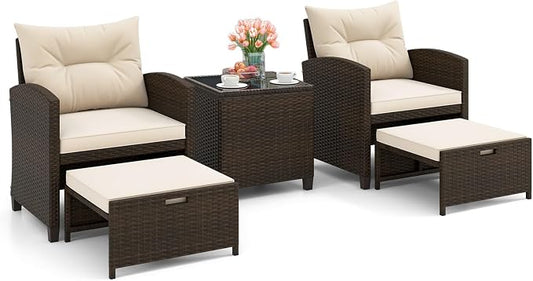 HAPPYGRILL 5-Piece Outdoor PE Rattan Conversation Set, Wicker Patio Furniture Set with Cushion, Ottoman & Coffee Table for Backyard Garden Poolside Lawn Deck Porch (Mix Brown & Off White)