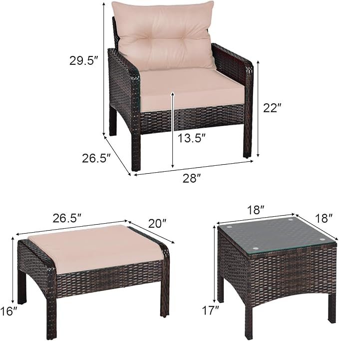 COSTWAY 5 PCS Patio Rattan Furniture Set, Outdoor Cushioned Sofa with Ottomans and Coffee Table, Wicker Conversation Set for Backyard Porch Lawn Poolsid, Beige
