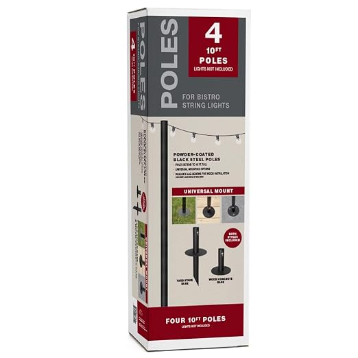 EXCELLO GLOBAL PRODUCTS Bistro String Light Poles - 4 Pack - Extends to 10 Feet - Universal Mounting Options Included