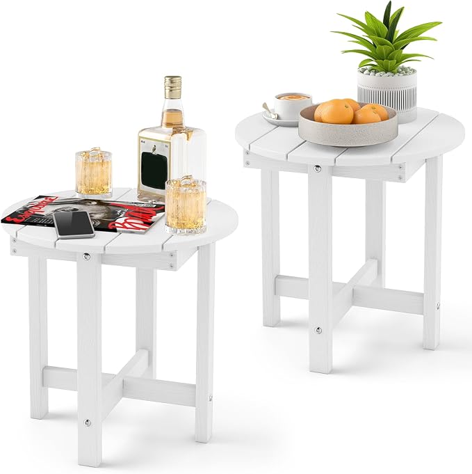 Tangkula Round Outdoor Side Table Set of 2, Adirondack Side Table with Weather-Resistant, Waterproof Top, Small Outside End Table for Patio Deck Pool Porch, Easy Maintenance (White,2)