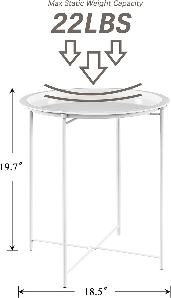 VECELO Side/End Table, Folding Round Metal Anti-Rust and Waterproof Outdoor or Indoor Tray for Living Room Bedroom Balcony and Office, 1 PCS, Beige