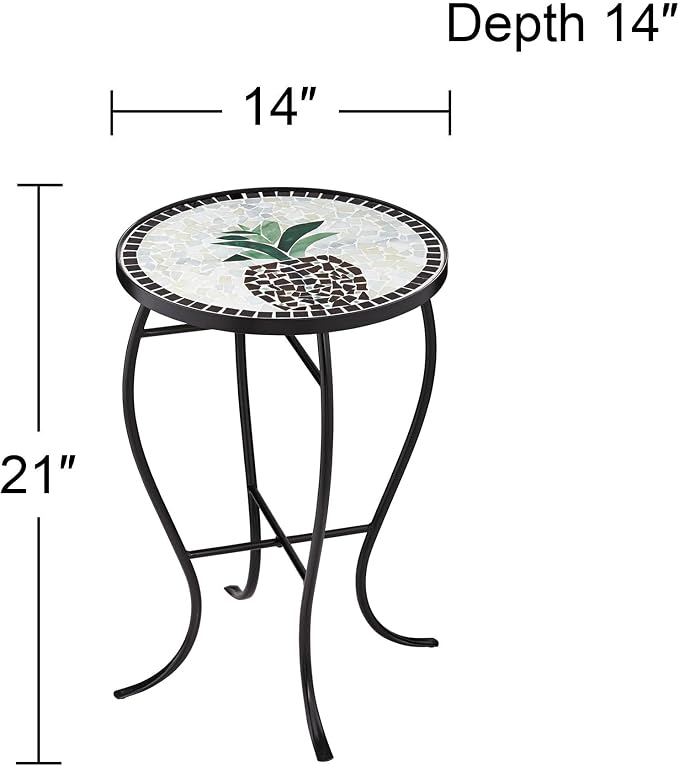 Teal Island Designs Pineapple Modern Black Metal Round Outdoor Accent Side Tables 14" Wide Set of 2 Beige Mosaic Tile Tabletop Gracefully Curved Legs for Spaces Porch Patio Home House Balcony Deck