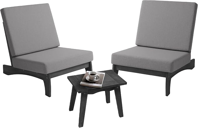 Pia Ricoo 3 Piece Patio Bistro Set with Patio Chairs and Table, Heavy Duty Wood Patio Furniture Set, All-Weather Outdoor Chairs for Balcony, Deck, Poolside, Porch - Gray/Dark