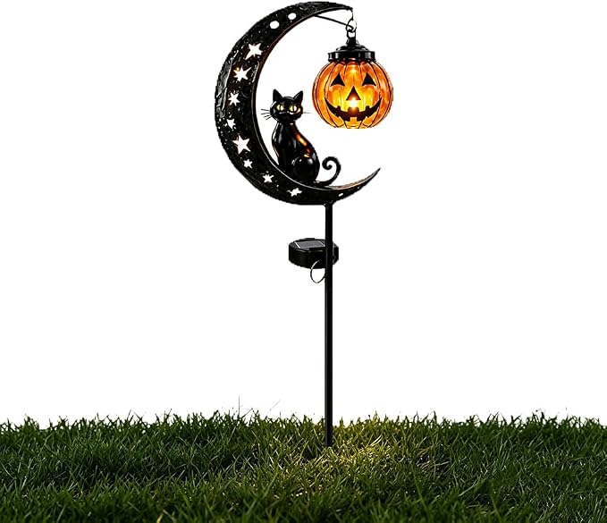 Solar Halloween Black Cat & Pumpkin Moon Garden Stake Light, Outdoor Waterproof LED Yard Decoration with Crescent Moon, Hanging Jack-o'-Lantern Lantern for Garden, Patio, Walkway, Porch(Style A)