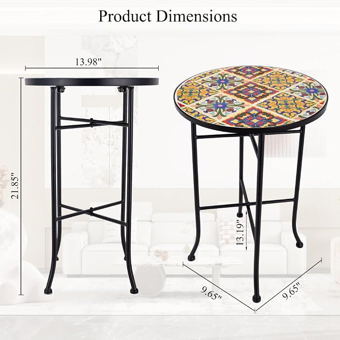 Mosaic Outdoor Side Table Small Round Patio Table Plant Stand | 21" Accent End Table with 14" Ceramic Tile Top for Small Spaces Porch Pool Garden Decor Indoor Living Room Bedroom Balcony