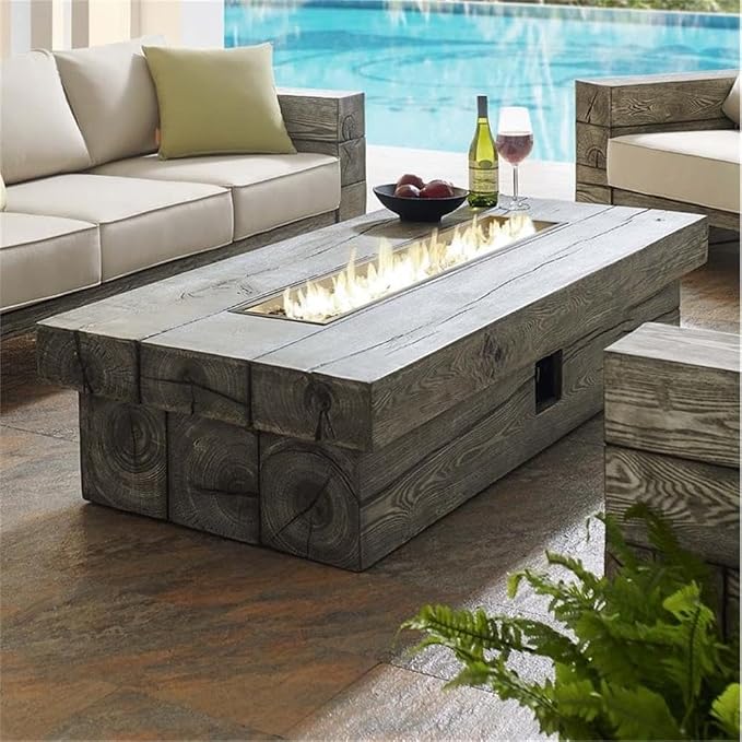 Pemberly Row 70" Rectangular Wood Outdoor Patio Fire Pit Table, Light Gray Simulated Driftwood Finish, Magnesium Oxide Coating, 50,000 BTU Propane Burner, Rustic Modern Style for Backyard or Deck Use